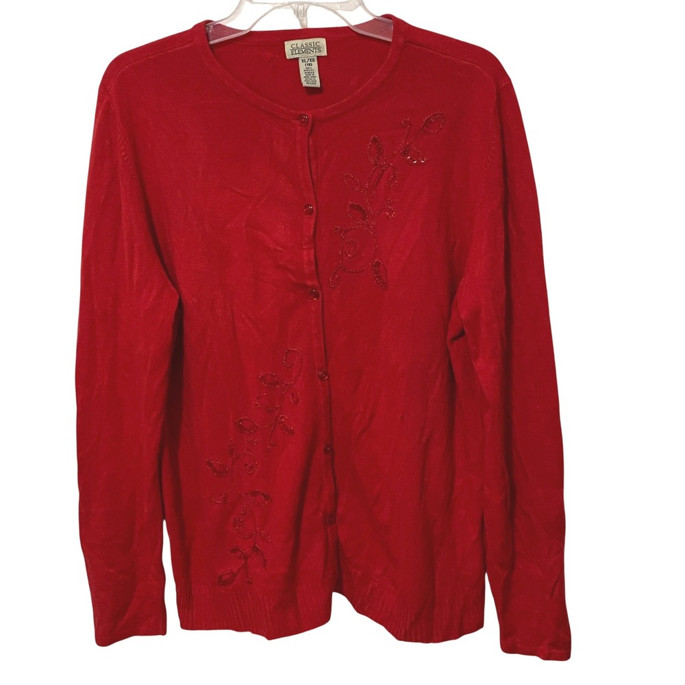 Vtg Y2K Womens Beaded Red Cardigan Embroidered Floral Grandmacore Whimsigoth